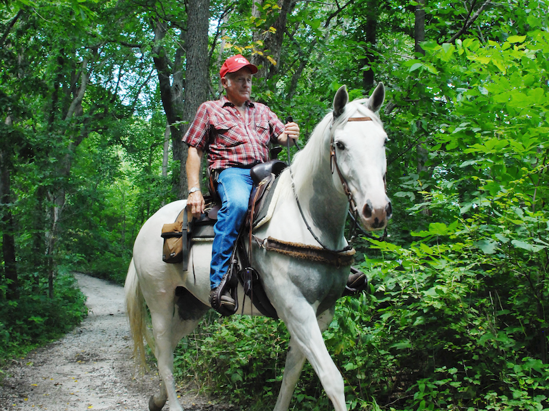 A man rides a white horse on a hardpack trail through the lush green forest of an outdoor recreation area.