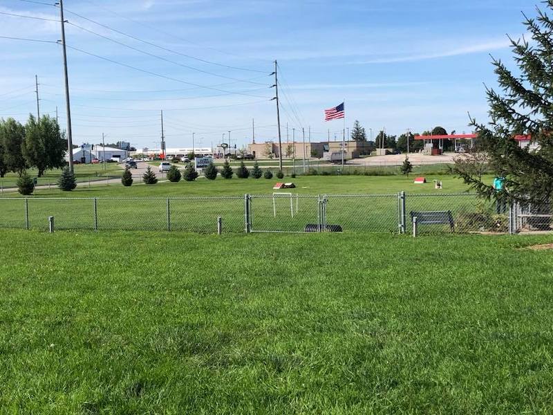 Wide open green space dog park with a fence, buildings and a flagpole in the background.